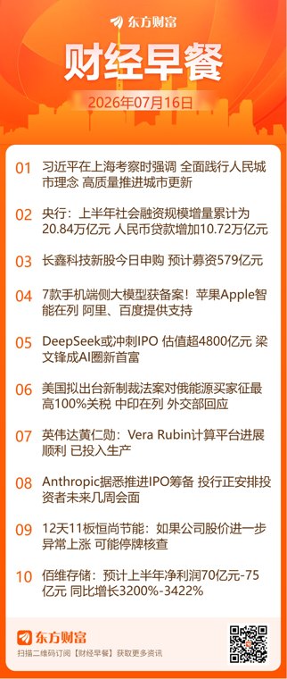 东方财富财经早餐 7月16日周四